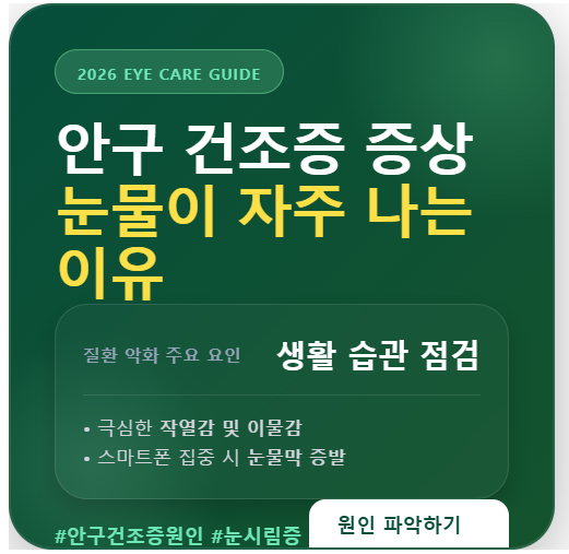 안구 건조증 증상 진단 및 눈물이 자주 나는 이유와 작열감 환경 요인 요약